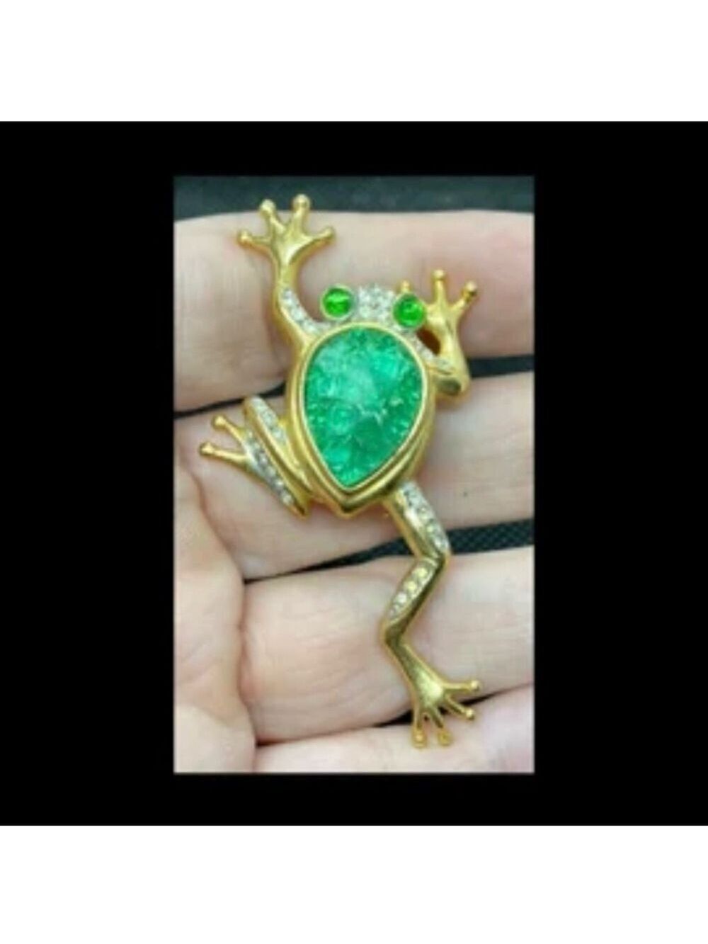 Vintage Usner Frog Brooch, Green Stones Body w/Rhinestone Accents, Gold Plated